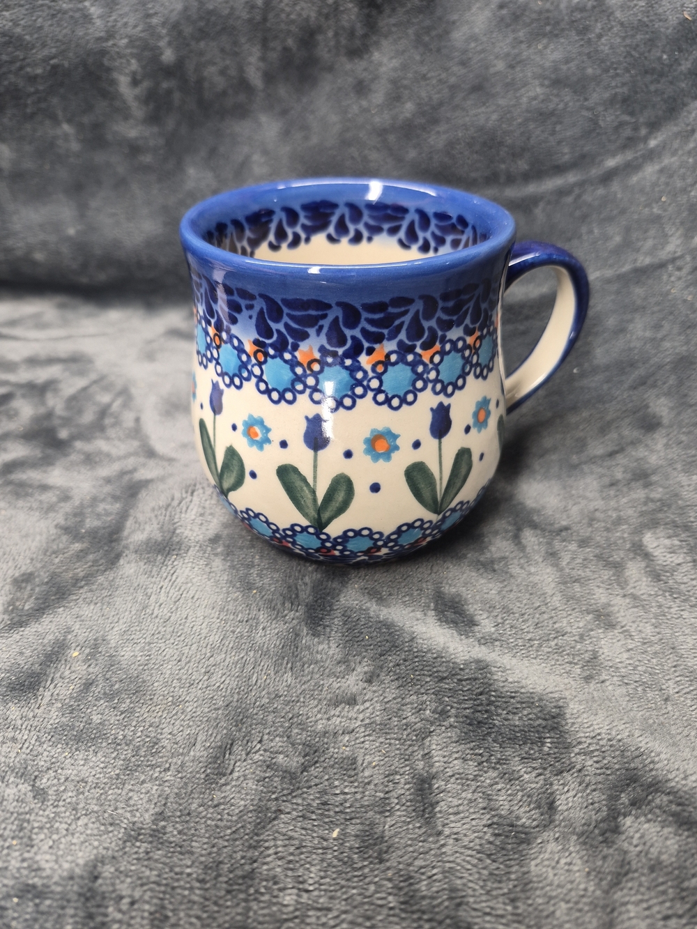 Polished Pottery 11oz Bubble Mug Blue Tulips Garden Unikat Hand Made Portland